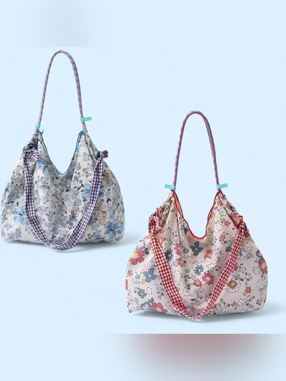 Floral Cotton Tote Bag with Gingham Accents- Available In Blue Or Pink